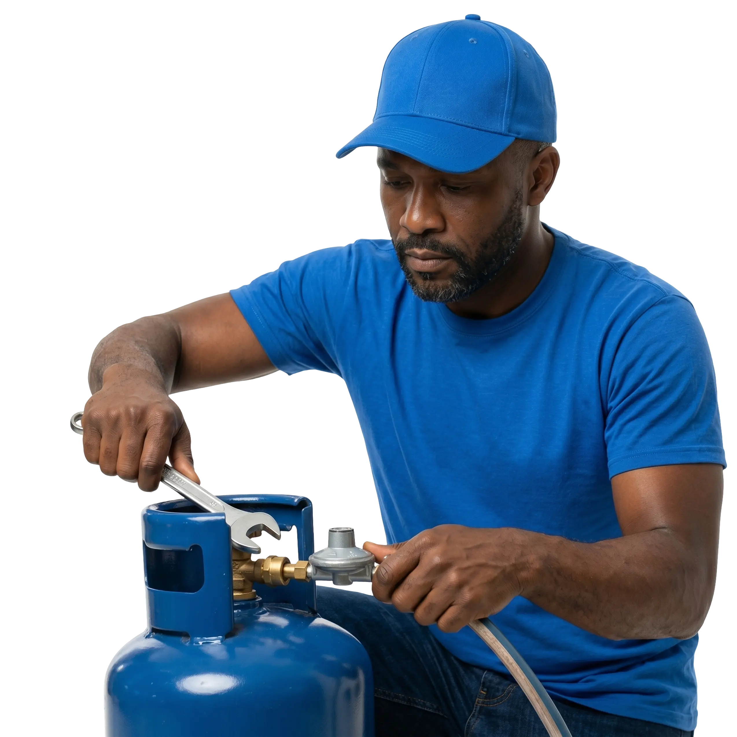 A BuyGas rider filling a cylinder