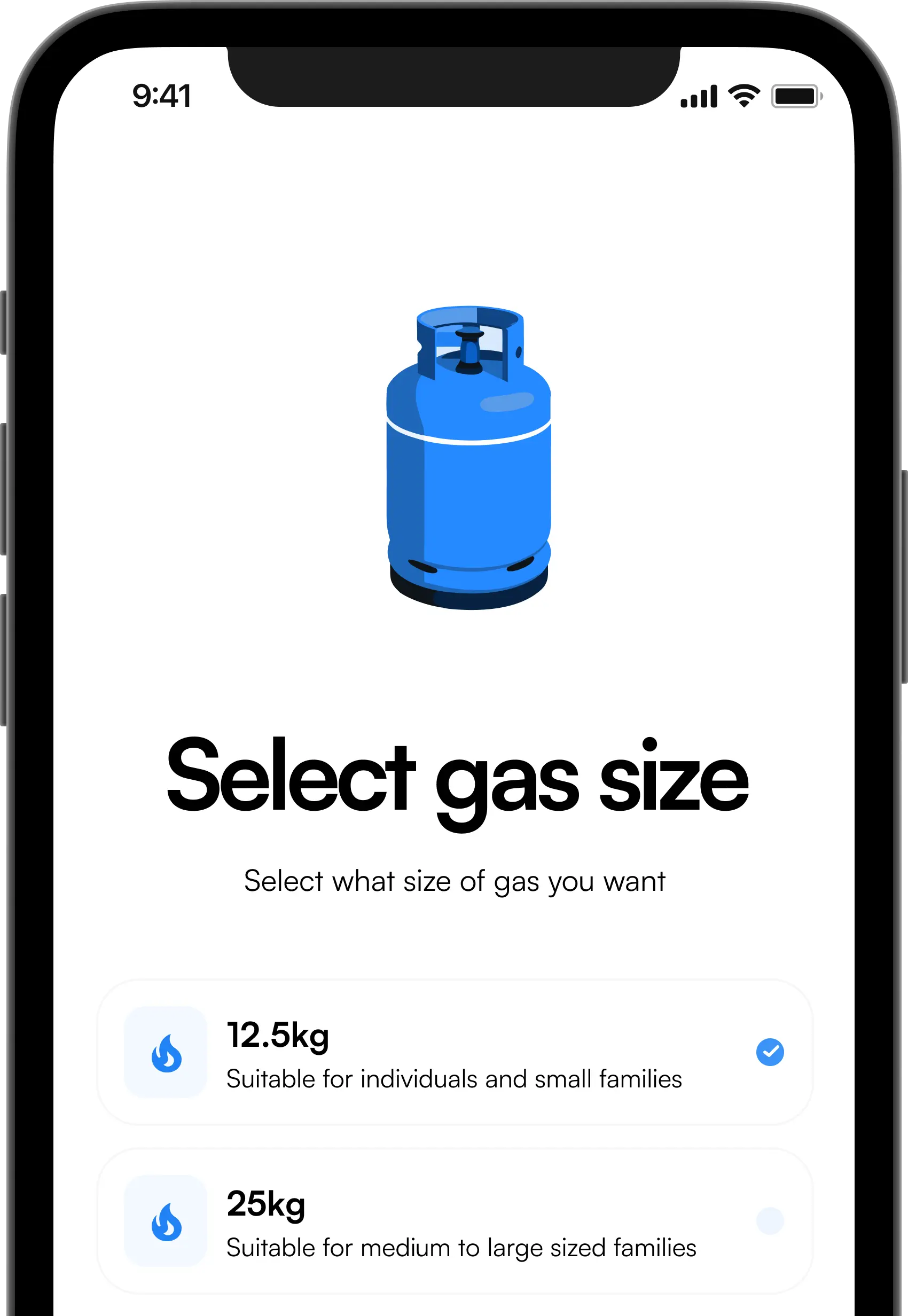 Selecting a gas size in the BuyGas app
